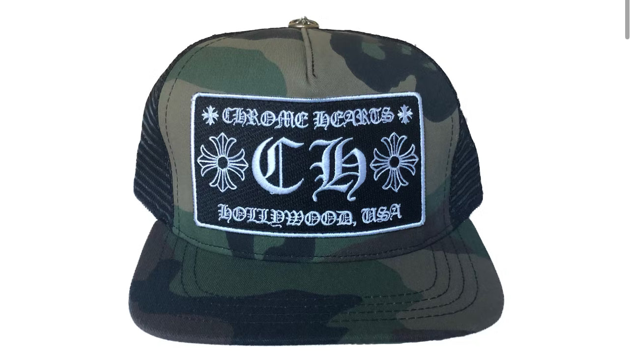 Chrome Hearts CH Hollywood Trucker SnapBack Hat Camo